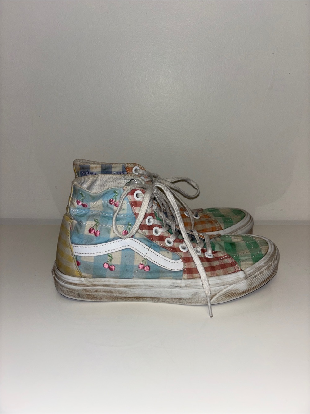 Vans High-Top Checkerboard Cherry Print Sneakers Blue green patchwork sz 7 women
